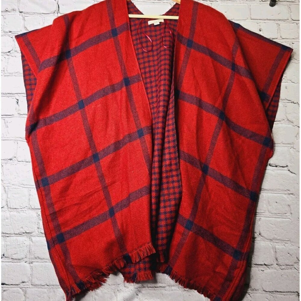 Loft Red‎ Blue Plaid Poncho Wrap Shawl Size XS/S